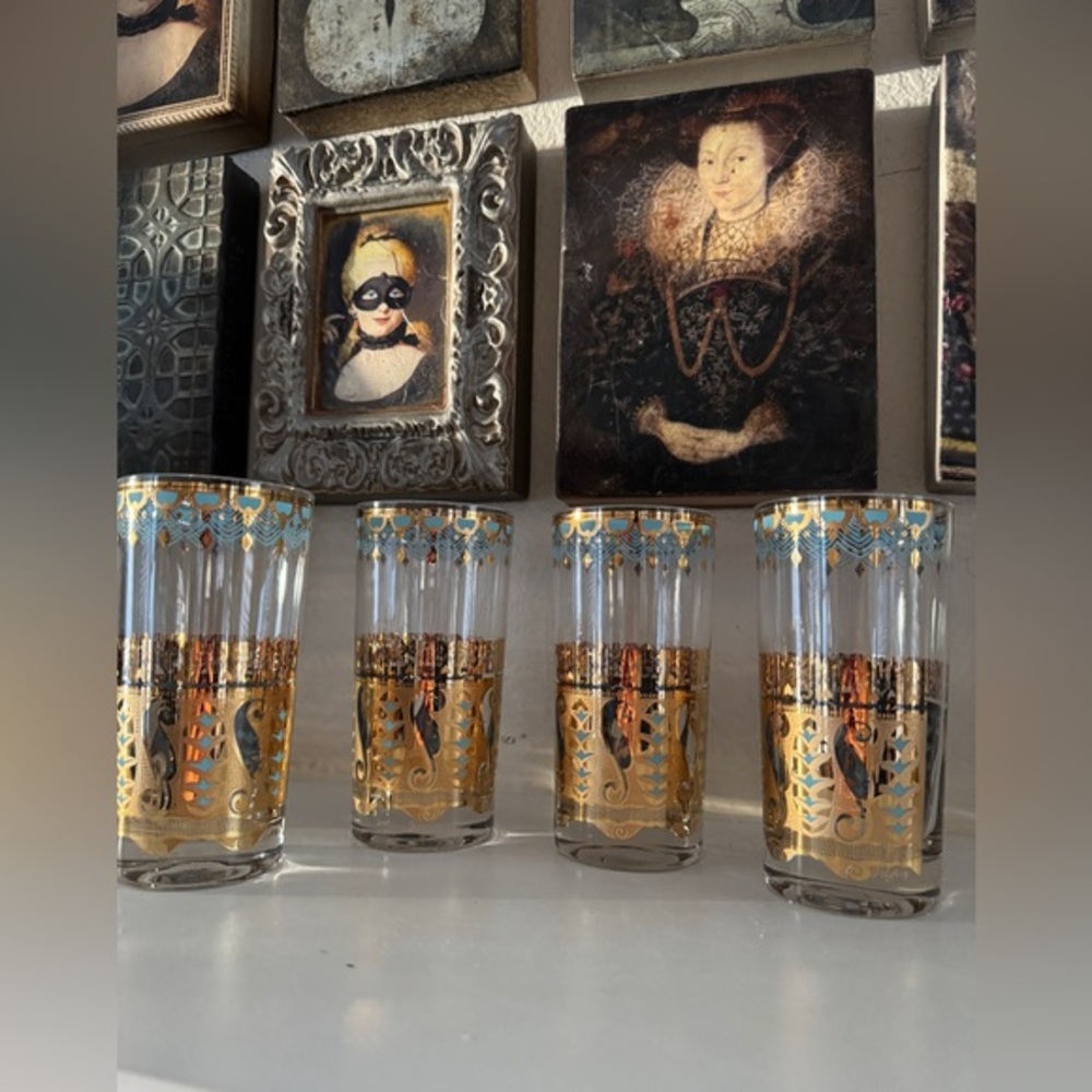 Culver Signed Saratoga‎ Turquoise and 22-Karat Gold Highball Glasses (Set of 4)